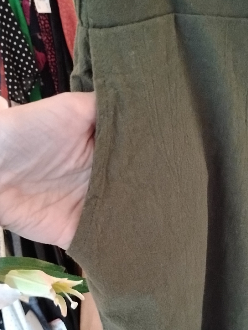 100% Cotton Linen-look Wide-Leg Boho Style Pants — Olive (XL) - Picture 6 of 10
